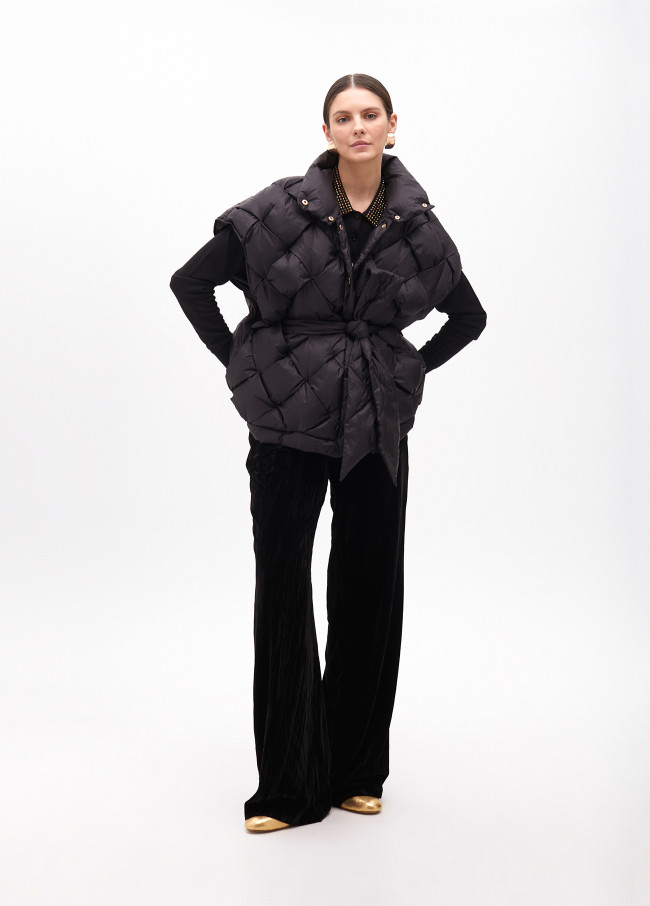 Plaited quilted gilet with fabric belt