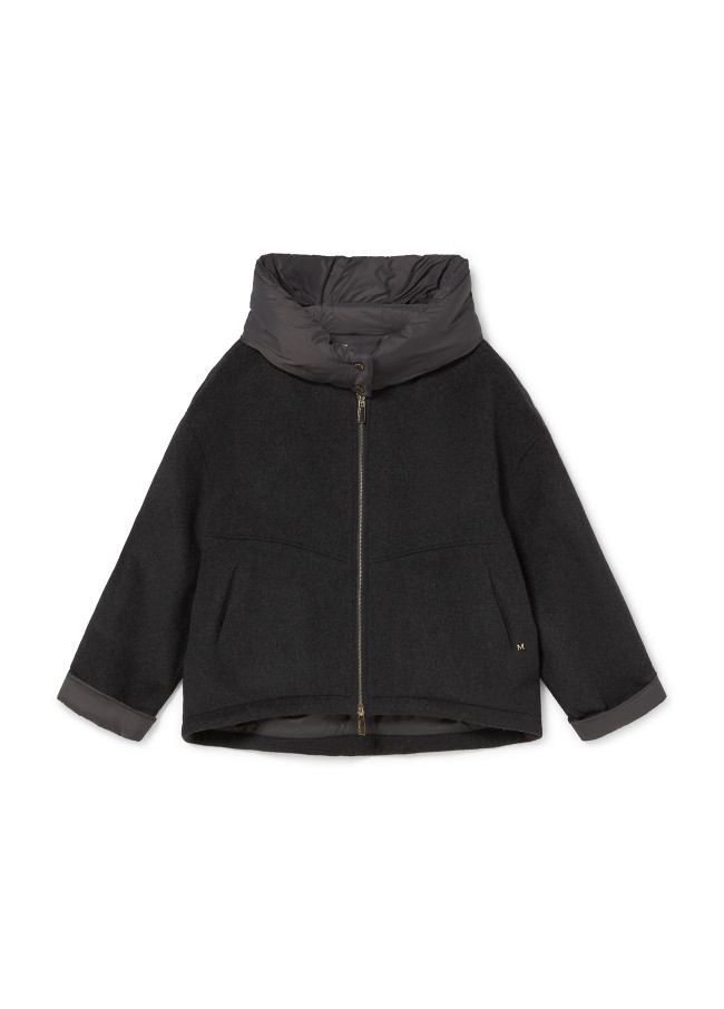 Short hooded coat in two materials: nylon and...