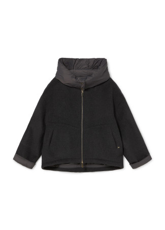 Short hooded coat in two materials: nylon and cloth
