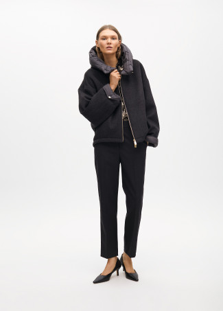 Short hooded coat in two materials: nylon and cloth