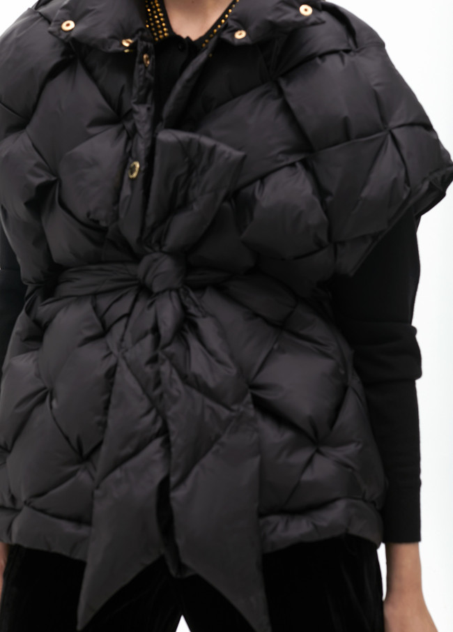 Plaited quilted gilet with fabric belt