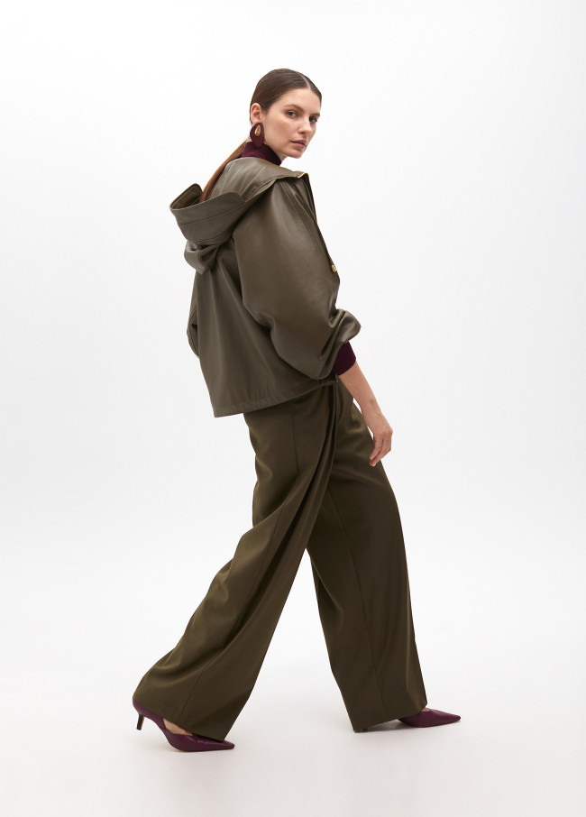 Faux leather hooded bomber jacket with batwing...