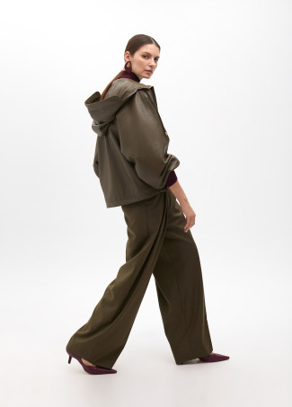 Faux leather hooded bomber jacket with batwing sleeves