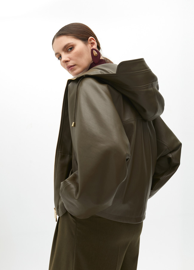 Faux leather hooded bomber jacket with batwing...