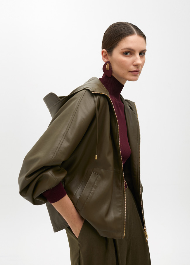 Faux leather hooded bomber jacket with batwing...