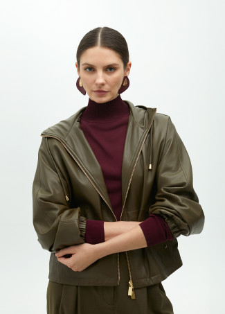Faux leather hooded bomber jacket with batwing sleeves