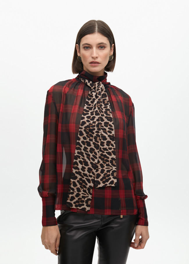 Shirt with tie and contrast tartan and animal...