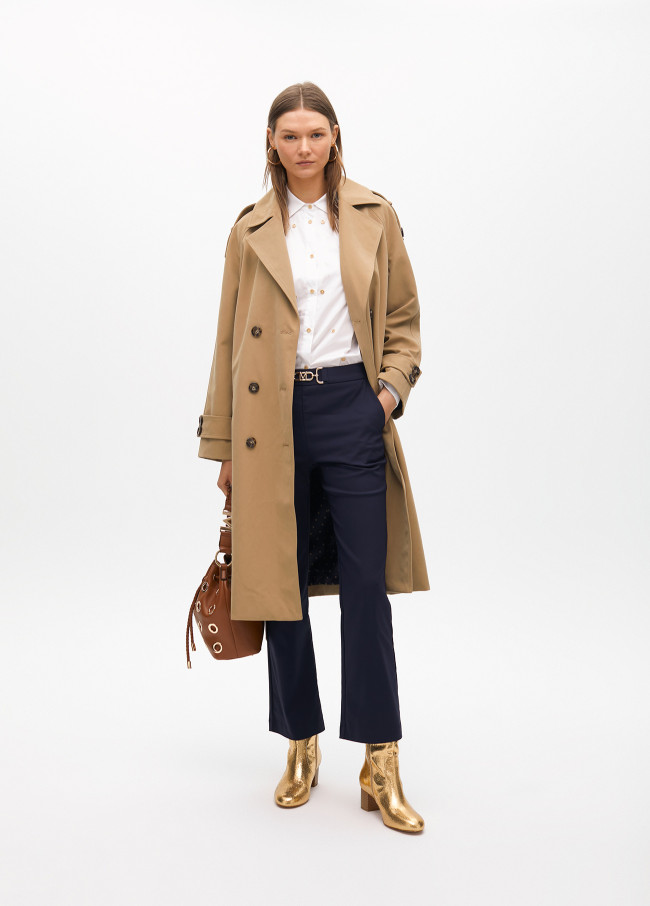 Long double-breasted twill trench coat