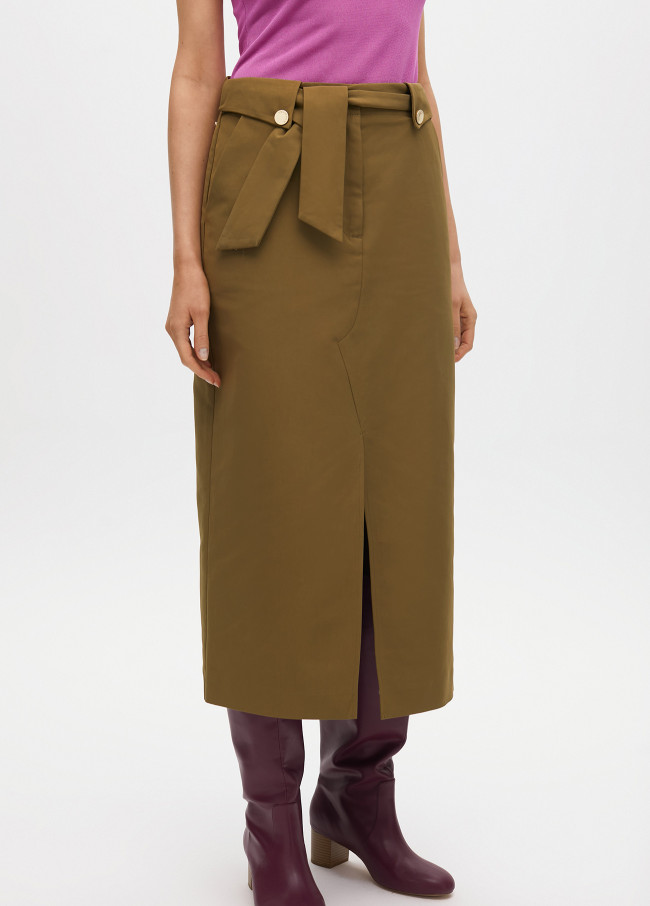Straight midi skirt with tied fabric belt and...