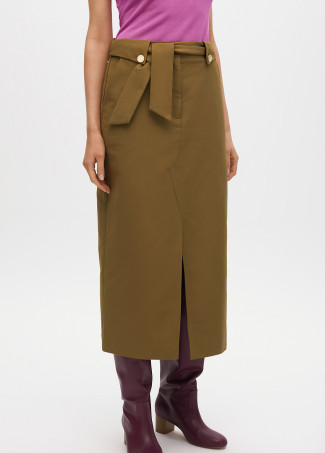 Straight midi skirt with tied fabric belt and buttons