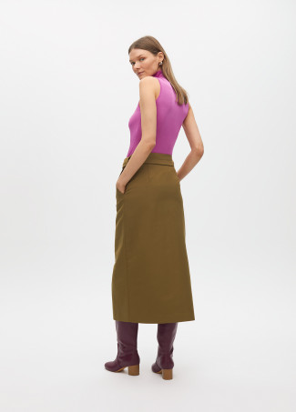 Straight midi skirt with tied fabric belt and buttons
