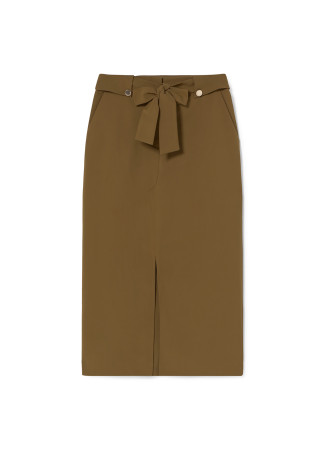 Straight midi skirt with tied fabric belt and buttons