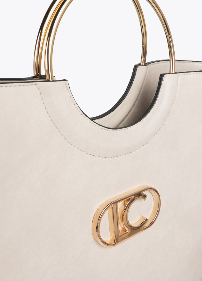 Faux leather tote bag with round metal strap...