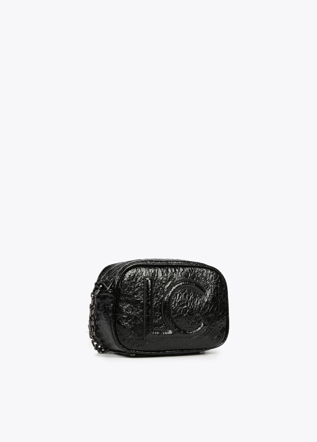 Shiny faux leather crossbody bag with raised logo
