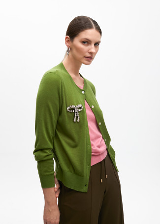 Two-piece cardigan with rhinestone bow