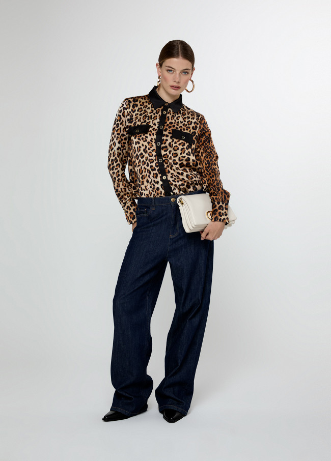 Animal print collared shirt with flap and...