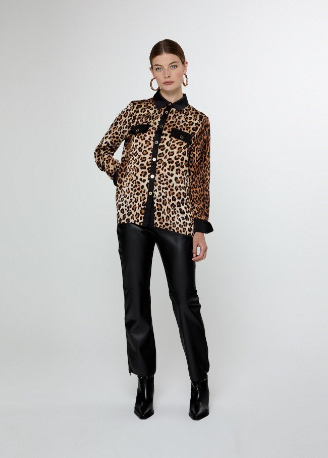 Animal print collared shirt with flap and...