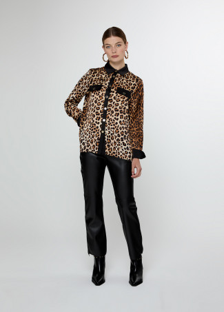 Animal print collared shirt with flap and contrast collar
