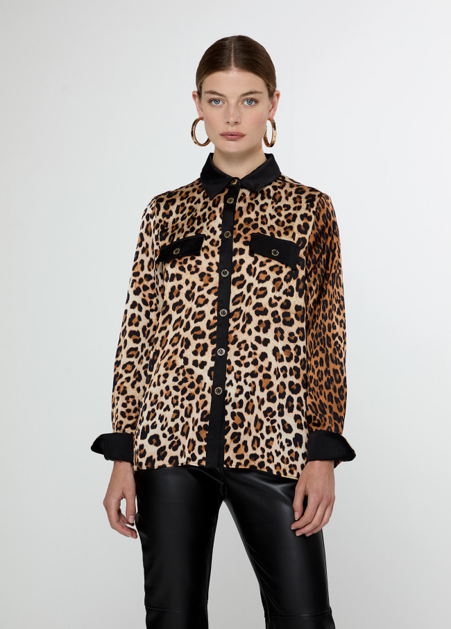 Animal print collared shirt with flap and...