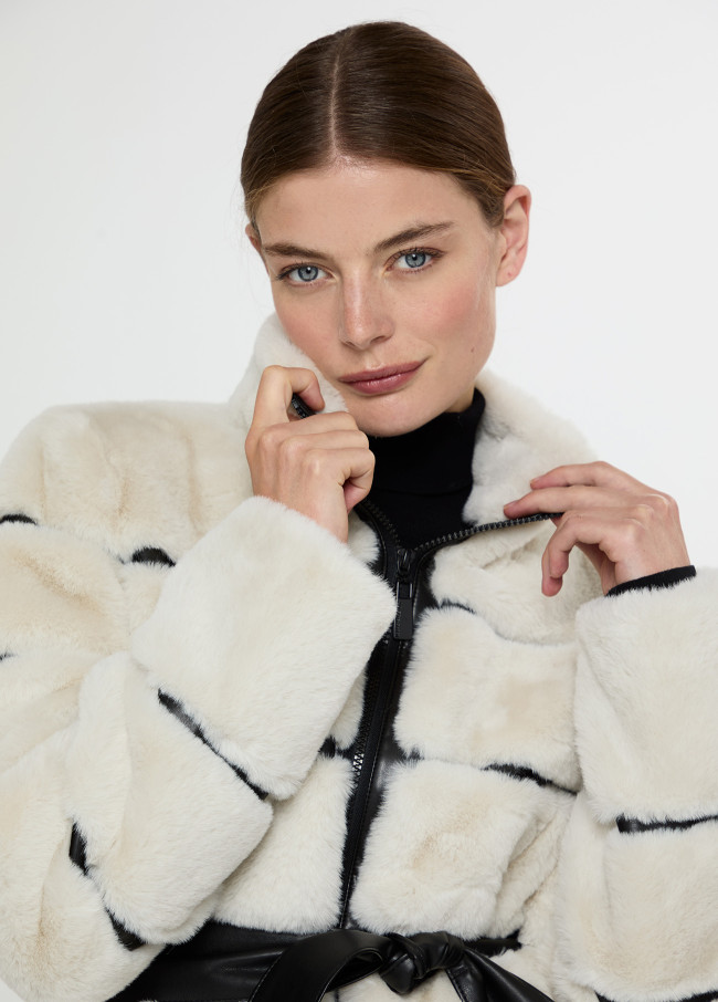 Faux leather coat with fur detail