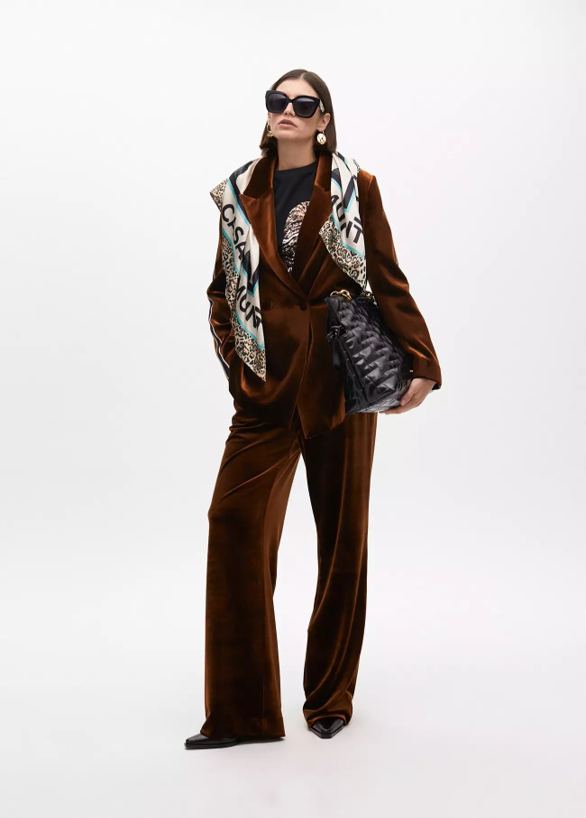 Wide-leg velvet trousers with side stripe