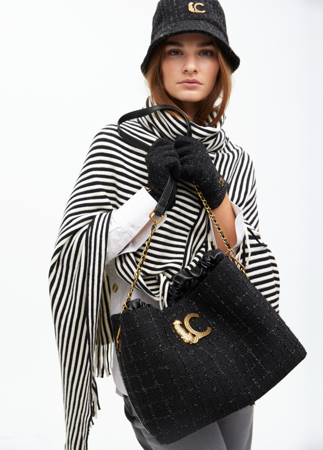 Poncho with striped knit collar