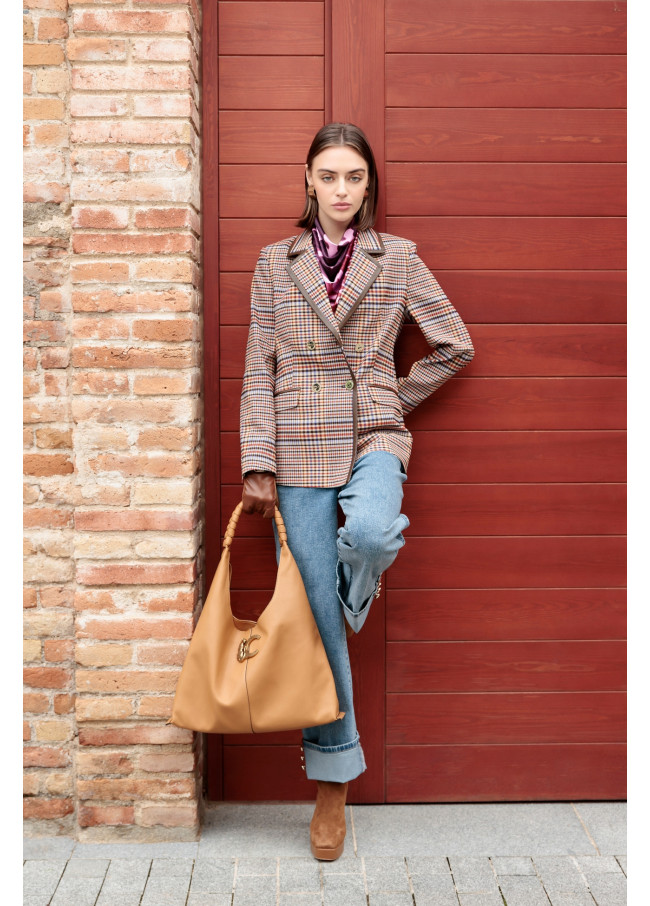 Blazer à Carreaux Croisé avec Bord Contrasté