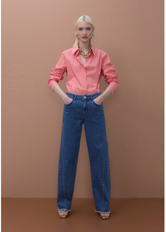 Camisa de Popelina com Riscas e Detalhes Contrastantes