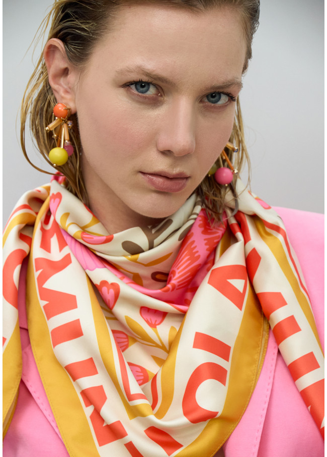 Satin scarf with different floral and tiger motifs