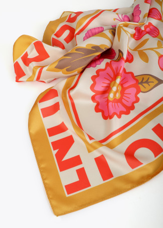 Satin scarf with different floral and tiger motifs