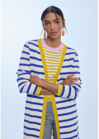 Long Striped Cardigan with Contrast Ribbing