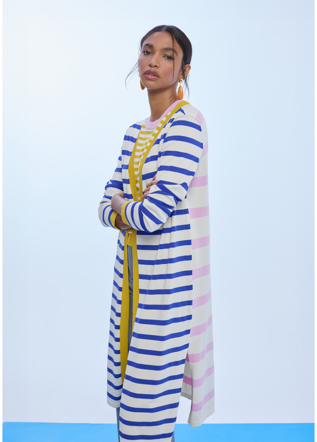Cardigan lungo a righe con bordi a contrasto