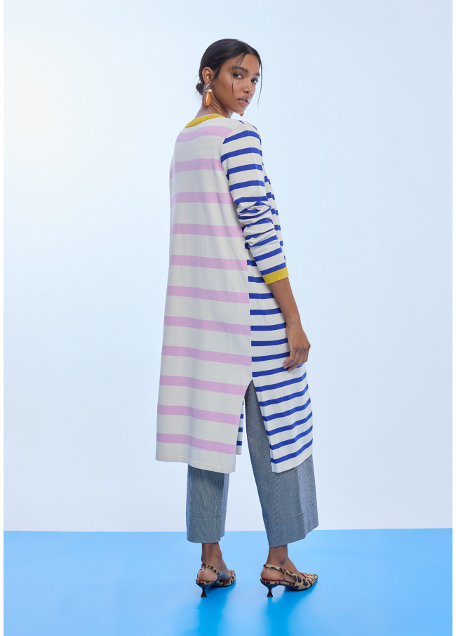 Long Striped Cardigan with Contrast Ribbing