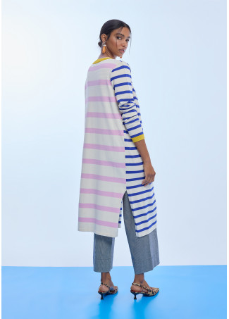 Long Striped Cardigan with Contrast Ribbing
