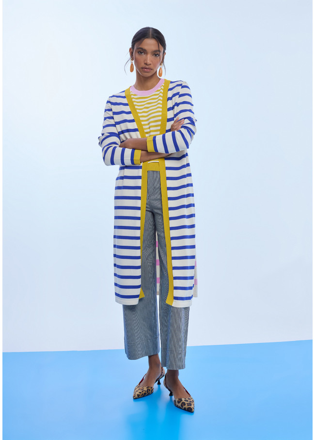 Long Striped Cardigan with Contrast Ribbing