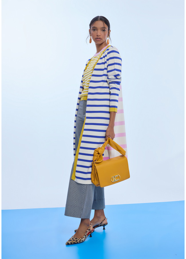 Long Striped Cardigan with Contrast Ribbing