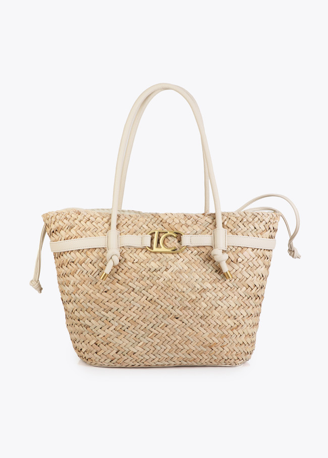 Basket Bag with Handles and Faux Leather Details