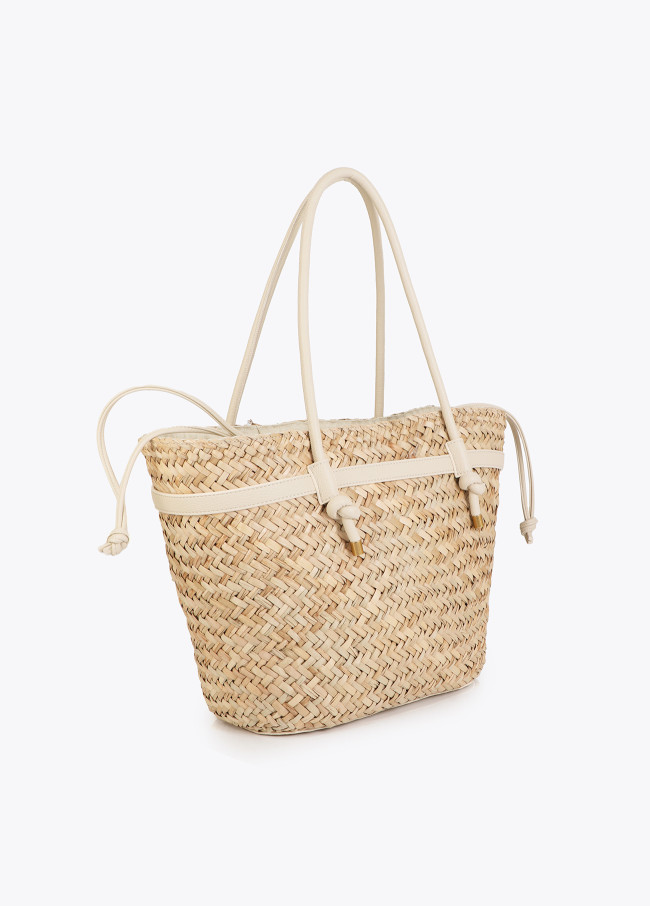 Basket Bag with Handles and Faux Leather Details