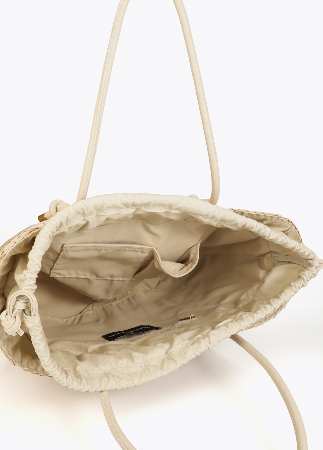 Basket Bag with Handles and Faux Leather Details