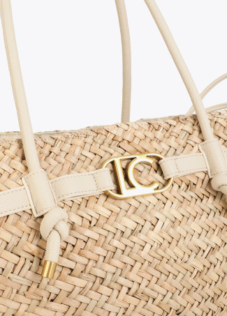 Basket Bag with Handles and Faux Leather Details