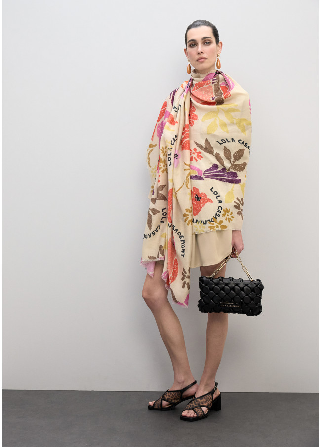 Printed Scarf with Floral and Bird Motifs