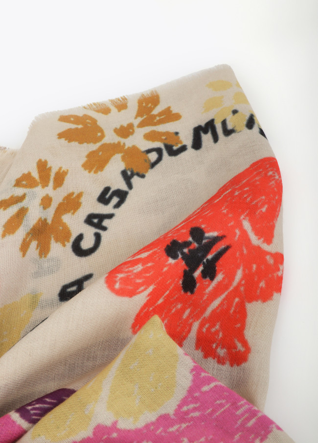 Foulard stampato motivi floreali e uccelli