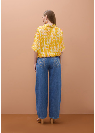 Satin Drop-Sleeve Shirt with 'Emes' Print