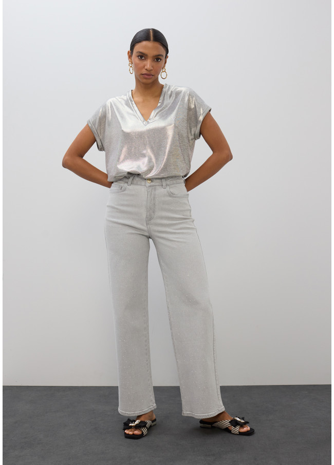 Jeans Dritto Lavato con Strass