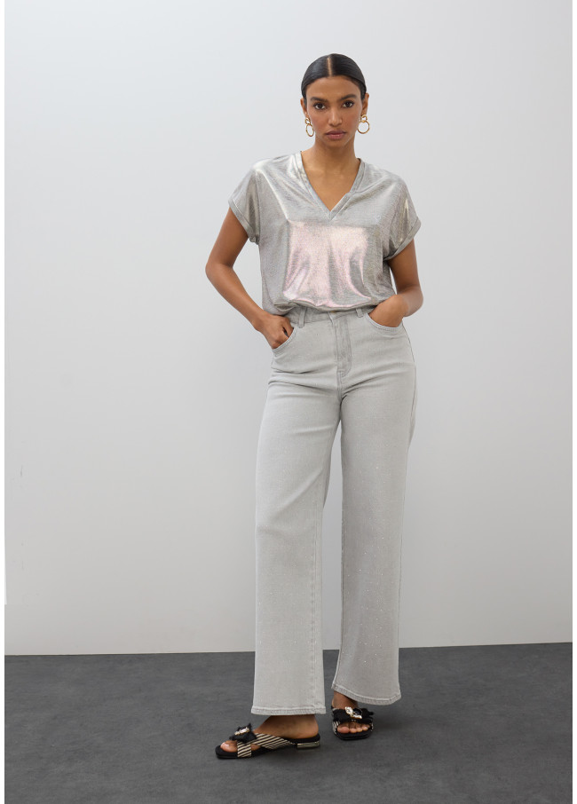 Jeans Dritto Lavato con Strass