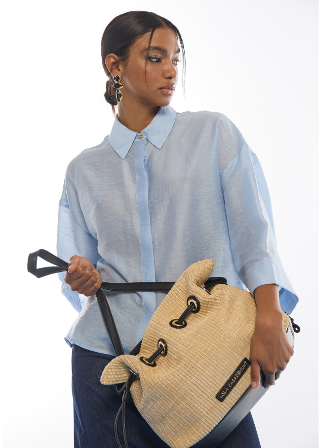 Bucket-Bag mit Rafia-Effekt und Kunstleder