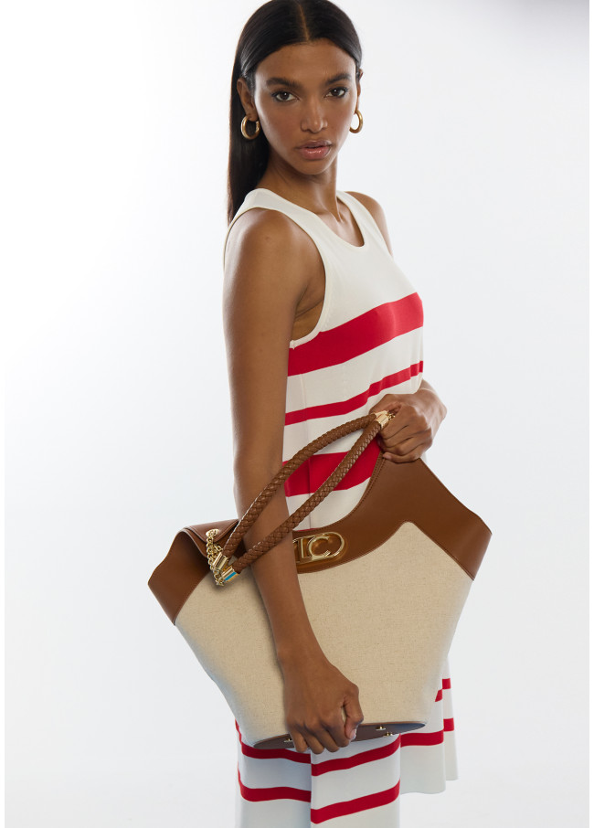 Two-Tone Faux Leather and Canvas Shopper