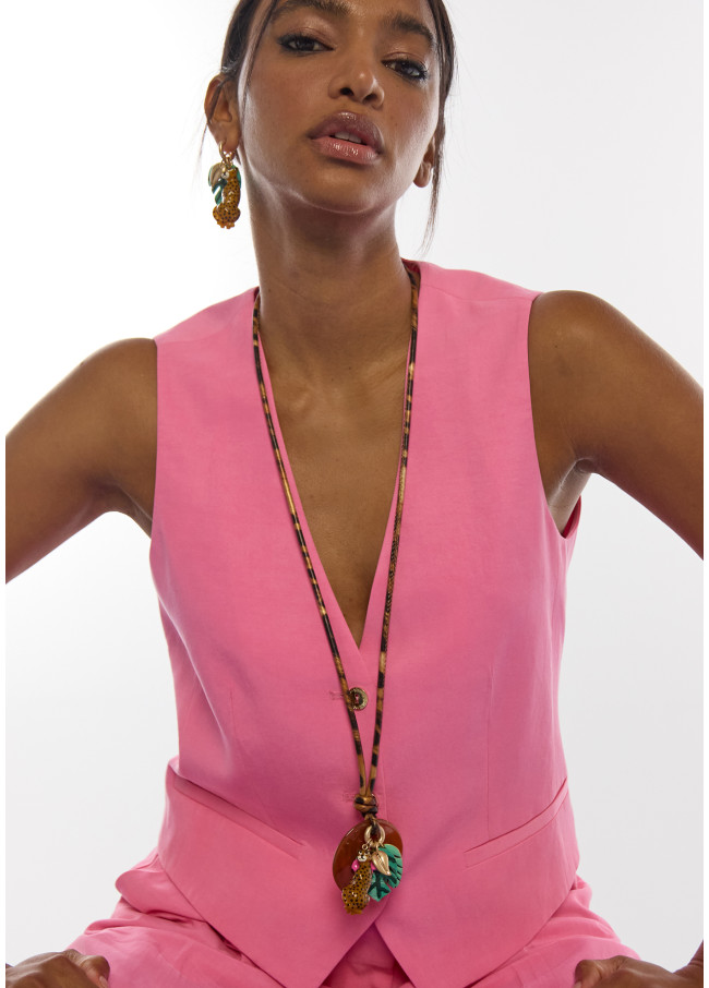 Long Animal Print Cord Necklace with Tropical...