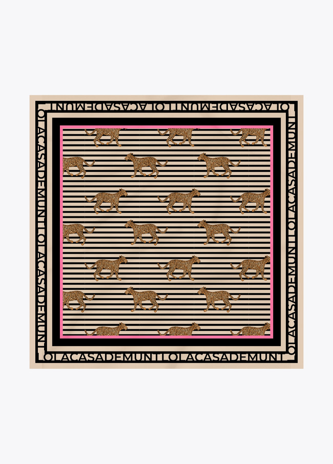 Satin Scarf with Striped and Leopard Print