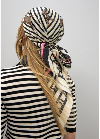 Satin Scarf with Striped and Leopard Print